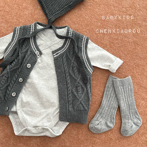 
Ins style infant and toddler retro all-match knitted vest spring and autumn baby boy pure cotton wool vest vest cardigan