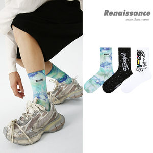 
Renaissance original men's socks personalized street graffiti style mid-calf sports socks ins style 3 pairs of gift box socks for men