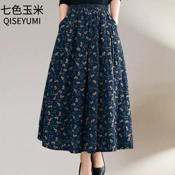 Cotton and linen floral skirt with large swaying midi skirt