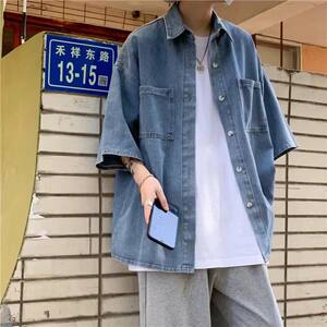 
Hong Kong style retro denim shirt summer men's trendy brand short-sleeved shirt teenager loose casual workwear thin jacket