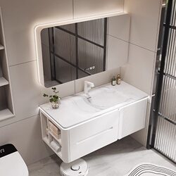 Imported Rock Slab Hot-Bent Integrated Basin Bathroom Cabinet Set, Oak Lacquered Cream-Style Washbasin Cabinet