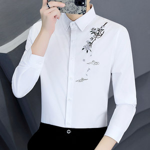 Long-sleeved shirt men's autumn Chinese style floral embroidery men's fashion fashionable slim fit inner anti-wrinkle white shirt
