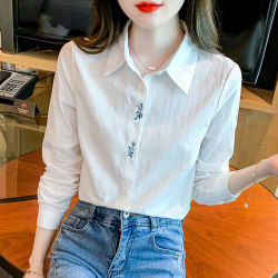 Pure Cotton Shirt for Women 2026 Spring New Korean Style Versatile Floral Embroidery All-Cotton White Shirt Long-Sleeve Professional Top