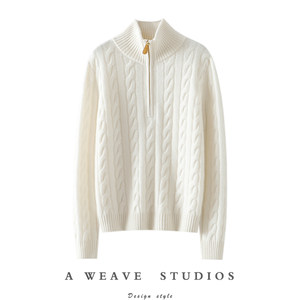 
More than just temperament! Thickened cable 100% pure cashmere cardigan for women high collar half zipper sweater autumn and winter