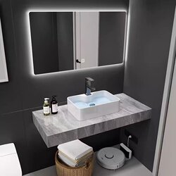 Simple Slate Ceramic Countertop Basin and Mirror Set for Guesthouse Bathroom, Integrated Narrow Washbasin and Face Washing Station Set