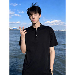 American-Style Stand-Up Collar Polo Shirt, Short-Sleeved Men's High-End Heavy Henry Collar Regular Shoulder T-Shirt, Cleanfit Spliced Half-Sleeve