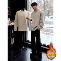 American-Style Henry Collar Regular Shoulder Polo Shirt for Men, Autumn and Winter, Fleece-Lined, Thickened, Heavy-Duty Sweatshirt, Warm and Cold-Resistant, Inner Lining Base Shirt