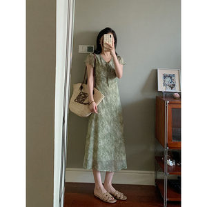 [Spot purchase] Hua Zongya French style ruffled dress V-neck white high waist waist long skirt
