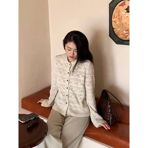 
[Ready stock clearance] Mr. Hua, spring style Korean wool lapel hollow knitted cardigan, forest style knitted sweater
