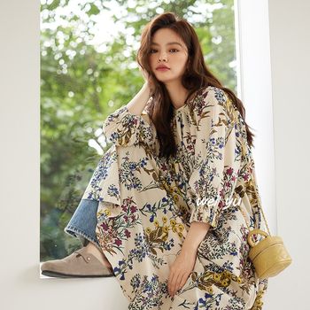 Weiyu large-size women's French printed romantic dress 2025 spring new high-end nine-point sleeve round neck skirt
