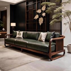 New Chinese-Style North American Black Walnut Sofa with Song-Style Aesthetics, Straight-Row Design for Office and Living Room, High-End Genuine Leather and Solid Wood Furniture