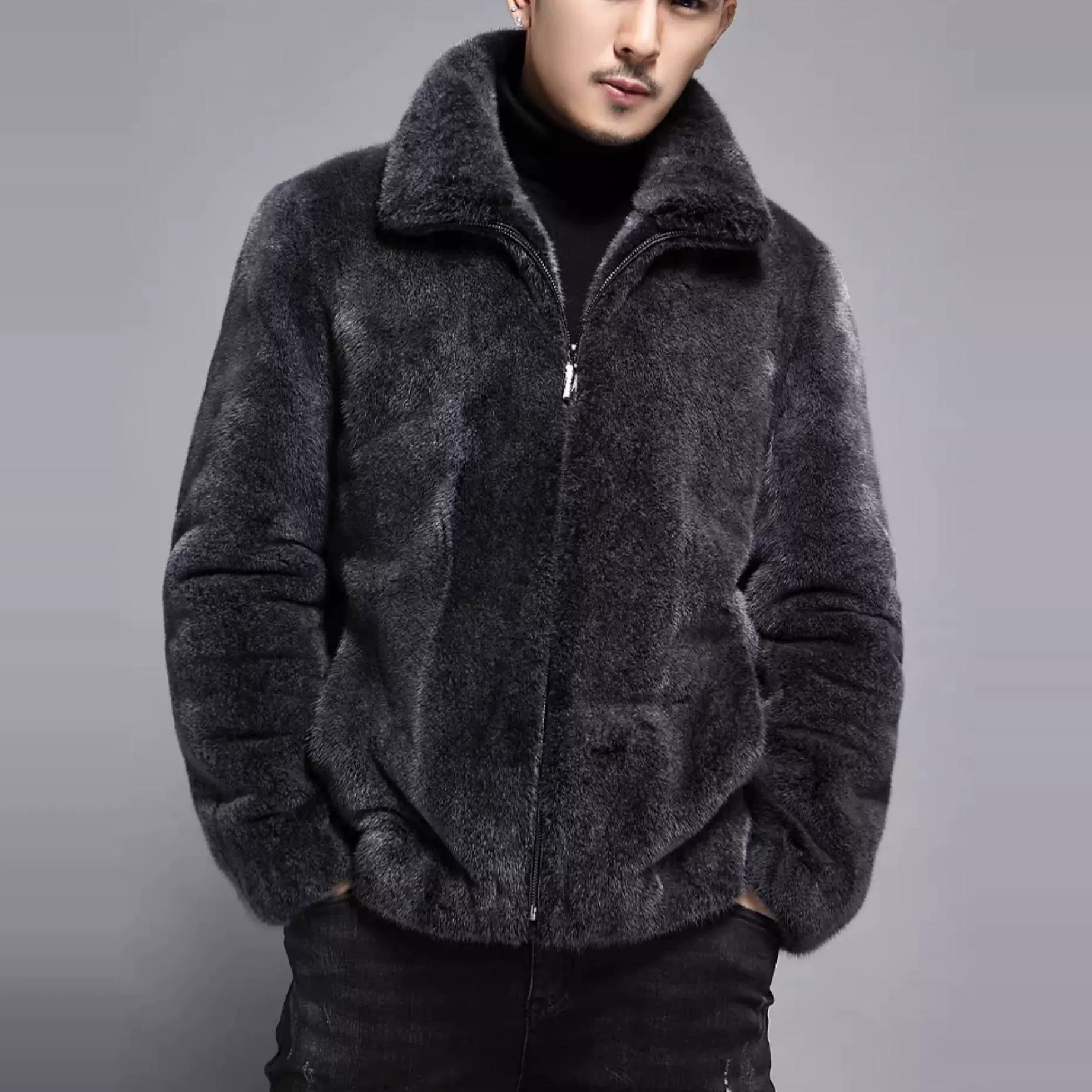 青年新款水貂皮大衣男士仿皮草外套铁灰色整貂立领银兰貂拉链皮衣