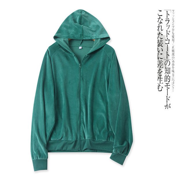 Gold velvet cardigan jacket Spring and autumn new foreign trade women's hooded collar zipper long sleeve solid color casual sweatshirt 30431
