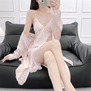 
Pajamas for women in summer sexy ice silk lace belt chest pad high-end sling nightgown nightgown two-piece set spring and autumn style
