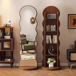 Used Full-Length Mirror, Rotatable Floor Mirror, Home Bookshelf Storage Integrated Mirror, Girls' Bedroom Dressing Floor Mirror