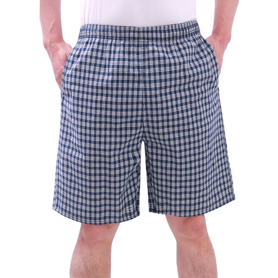 Summer pure cotton plaid beach pants male loose casual pentae pants loose waist, increase the size of home shorts thin
