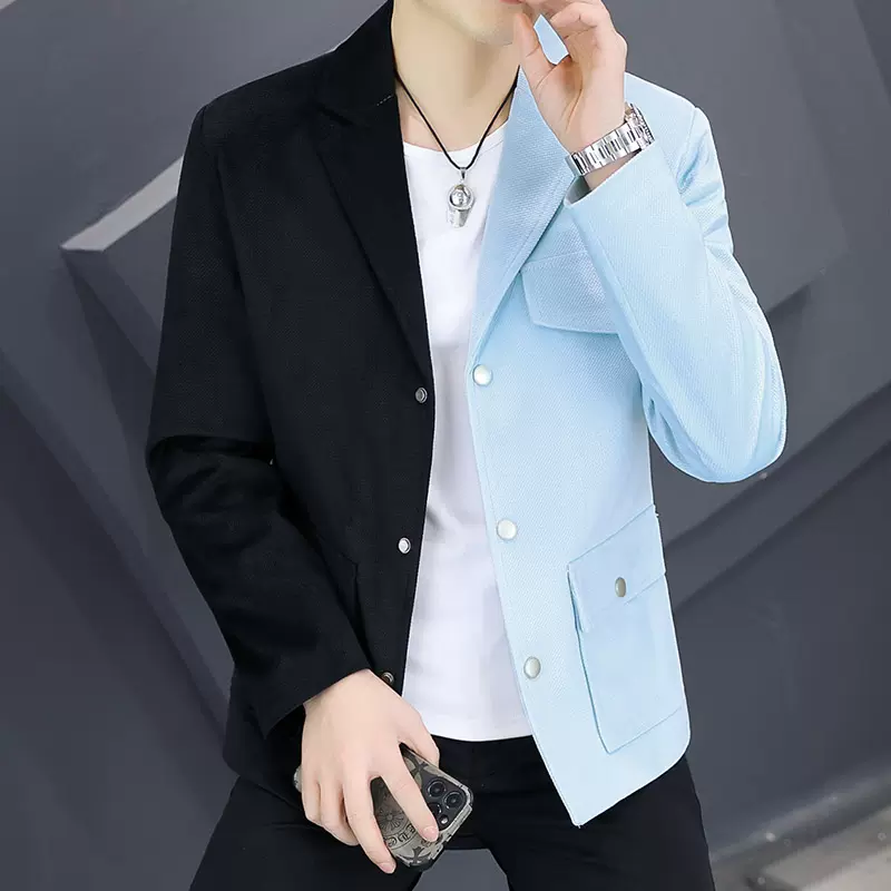 秋季青少年潮流帅气韩版双色拼接休闲外套男生时尚西装领修身夹克-Taobao