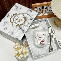 Cute ins Line Art Puppy Mug Cartoon Ceramic Couple Water Cup with Lid Office Coffee Cup Large Capacity