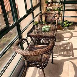 Rattan Chair Three-Piece Set with Tea Table for Home Use, Small Balcony Table and Chair, Single Backrest Chair, Outdoor Leisure Rattan Chair and Tea Table Combination