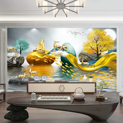 新款北欧电视背景墙壁画招财鹿8d立体浮雕轻奢客厅现代