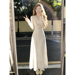 2026 New Heavy Lace White Long-Sleeved Dress for Women, Early Summer French Style, Waist-Cinching, Slimming Long Dress