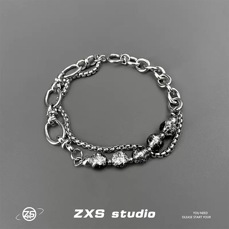 ZXS轻奢高级感裂纹猫眼石手链男士嘻哈街头小众设计串珠手饰品潮-Taobao