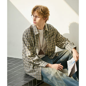 
Tangshi 2026 spring new long-sleeved shirt men's gradient plaid casual style fashion versatile khaki loose