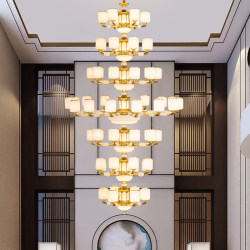 New Chinoiserie House Living Room Large Chandelier All Copper Jade Living Room Chandelier New Classy Atmospheric Hollow Highlight Lamps