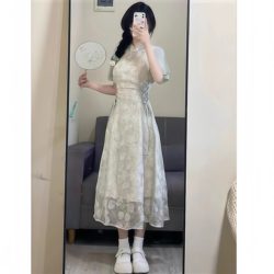 Everyday Chinese-Style Dress, Beautiful Summer Dress, Raglan Sleeves, Waist-Cinching Long Dress, New Chinese-Style Cheongsam for Female Students