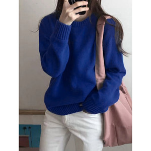 
French style Klein blue pullover sweater for women in winter thickened Japanese retro lazy loose knitted sweater inner layer
