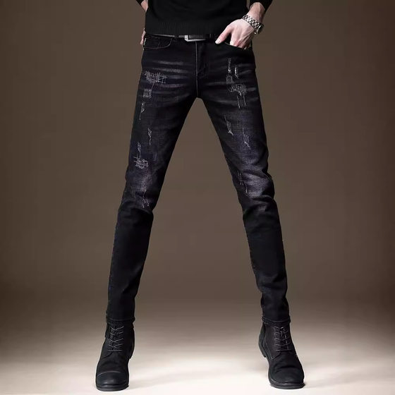 
Noble-colored high-end autumn and winter velvet jeans for men, trendy Korean style stretchy slim-fitting black casual men's pants
