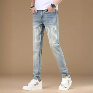 
Trendy printed hot diamond 2024 spring and summer new jeans men's slim-fitting elastic high-end European goods washed trousers