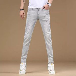 
Trendy and fashionable high-end European hot diamond jeans men's slim fit small feet 2024 spring and summer new stretch printed trousers