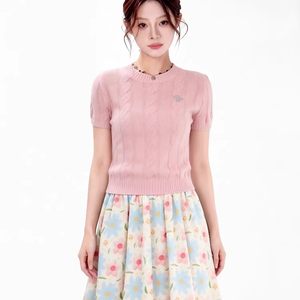 
BOZX niche design cherry blossom pink knitted short-sleeved women's summer new loose slimming casual sweater top