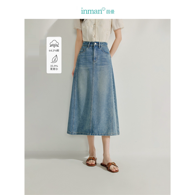Inman retro washing cowboy skirt 2025 summer women's clothing new high-waisted slim A-line mid-length denim skirt
