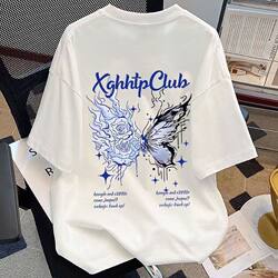 American-Style High Street Butterfly Letter Print Short-Sleeved T-Shirt for Boys and Girls, Loose Oversize Pure Cotton Top for Older Children