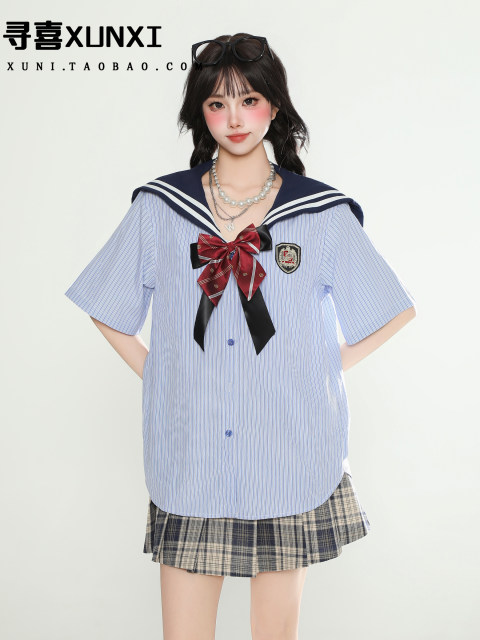 
XunXI Campus style contrasting striped shirt for women in summer JK uniform bow short-sleeved sailor clothes top