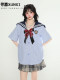 
XunXI Campus style contrasting striped shirt for women in summer JK uniform bow short-sleeved sailor clothes top