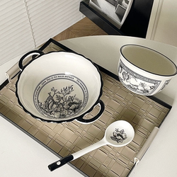 High-Quality French-Style Black and White Camellia Tableware Set ins Pieces for Home Use, Underglaze Color Tableware for One Person