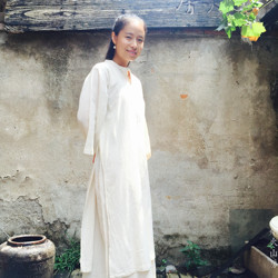 V-neck Mid-sleeve Robe Long Skirt Made Of Pure Plant-dyed Cotton And Linen Chinese Dress Gown | Yanhuohuangfang