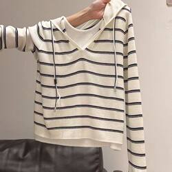 Milky White Fake Two-Piece Drawstring Round Neck Hooded Knit Sweater for Women 2025 Autumn and Winter Striped Color-Block Base Shirt Top