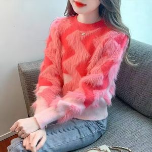 
Small fragrant tassel design imitation mink velvet round neck sweater for women 2025 autumn and winter thickened western style bottoming sweater
