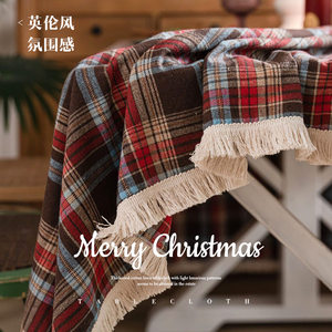 
Cotton and linen Christmas plaid tablecloth British style retro fabric atmosphere tassel tablecloth New Year atmosphere decorative tablecloth