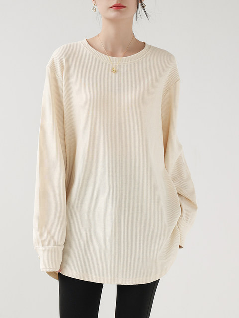 Ins Waffle Long-sleeved T-shirt Fashion Solid Color Buttons Round Neck Pullover Top Women's Clothing