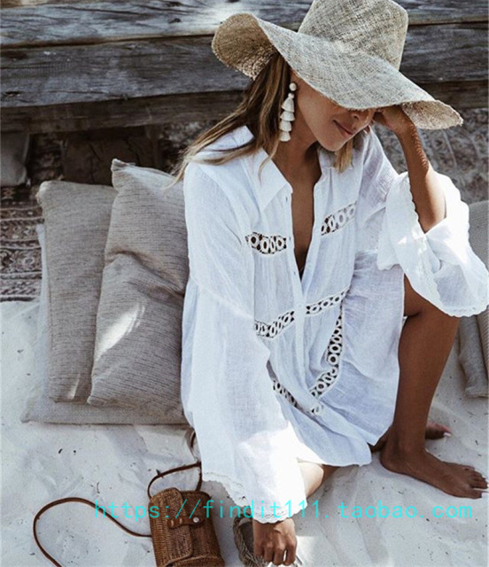 Cotton refreshing white dress stand collar hollow deep V flared sleeve shirt beach vacation bikini over shirt