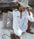 Cotton refreshing white dress stand collar hollow deep V flared sleeve shirt beach vacation bikini over shirt