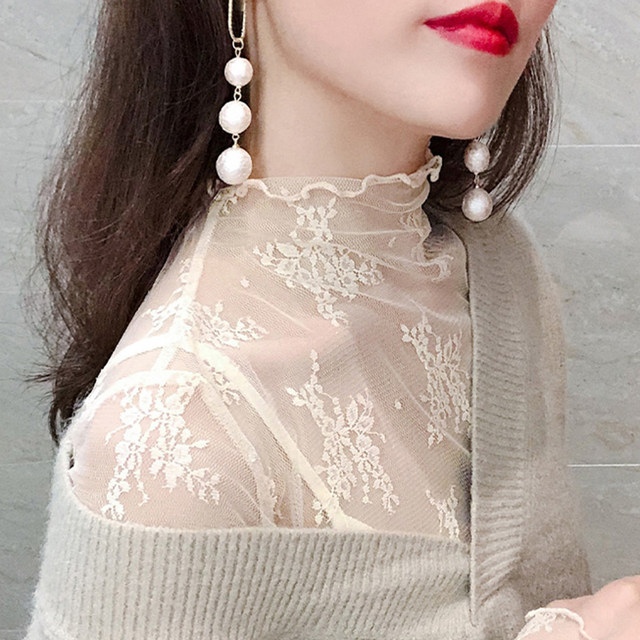 Large size lace base shirt fat mm women's autumn and winter long-sleeved sexy inner wear 200 Jin [Jin equals 0.5 kg] Half turtleneck mesh underwear
