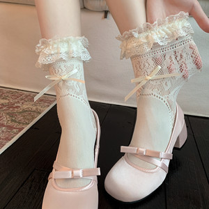 Miu bow lace socks for women in summer mid-tube ballet style thin white lace pile socks with Mary Zhen