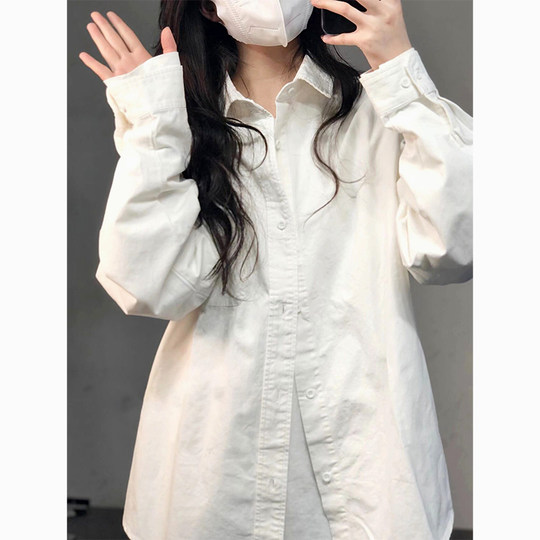 White pure cotton shirt for women's spring and autumn tops Hong Kong style retro design niche French chic long-sleeved shirt jacket