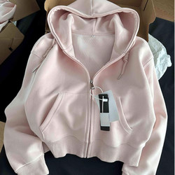 Short Shoulder-Length Sweatshirt Jacket for Women, Early Autumn, Petite, Loose, Korean Style, Lazy Style, Hooded Cardigan, Zip-Up Top